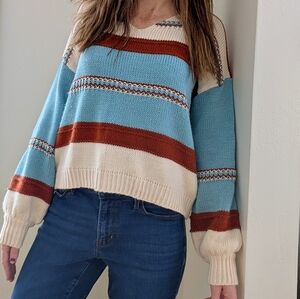 Vintage Striped Geometric Chunky V-neck Sweater In Sea Blue/Deep Red/Ivory